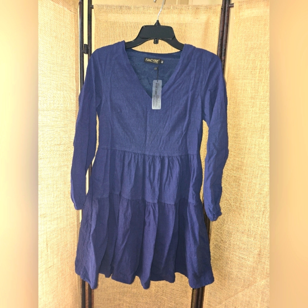 NWT Fancyinn New York & London Blue Long Sleeve Shift Dress Size XS